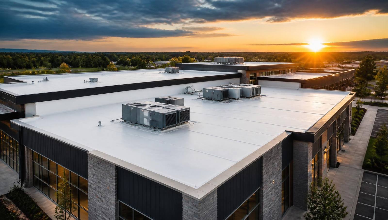 Aerial view of a commercial building with a newly installed TPO membrane roofing system